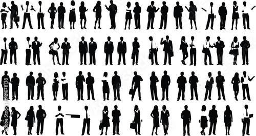 Business people silhouettes, professional attire, workplace diversity, standing poses, black vector design, corporate interaction, formal clothing, team communication, office icons
