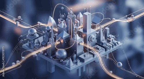 Abstract 3 d cityscape with network connections and futuristic elements