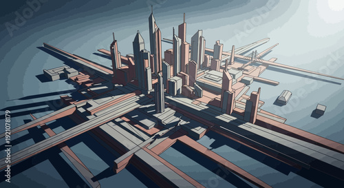 Abstract architectural city design with modern buildings and connected structures