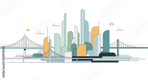 Abstract city skyline illustration with bridges and buildings against white