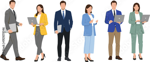 Business professionals illustration, diverse office workers with laptops and tablets, teamwork, corporate lifestyle, technology integration, modern workplace vector design