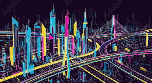 Abstract city skyline illustration with colorful lines and architectural details