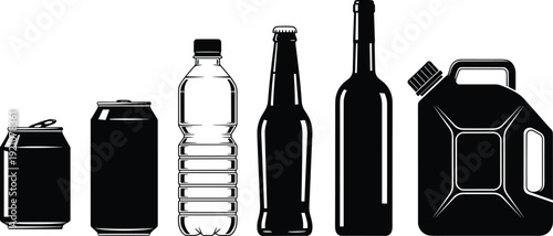 Beverage Container Silhouette Set with Cans Bottles and Plastic Jerrycan Isolated on White Background Vector Packaging Illustration Collection
