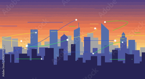 Abstract city skyline with network connections against an evening sky