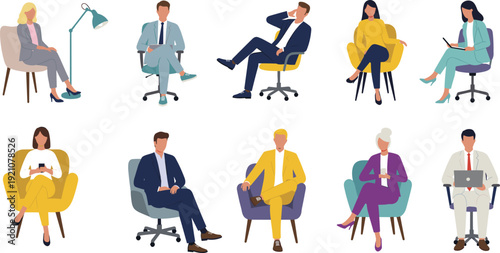 Business professionals seated in chairs, diverse group illustration, office attire, workplace diversity, modern furniture design, teamwork concept, professional meeting scene