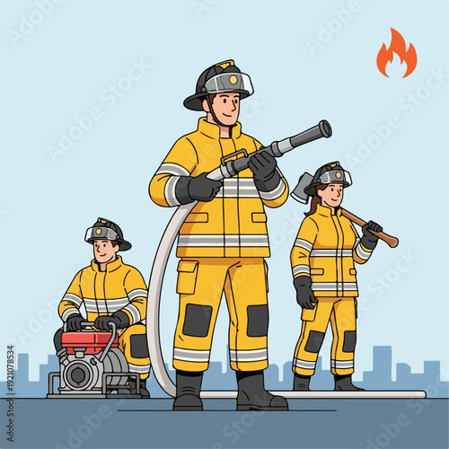 Vector illustration of a firefighter extinguishing a fire