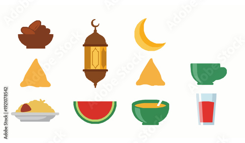 Ramadan food flat icon set with dates lantern and traditional iftar meal symbols isolated on white background