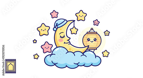 Cute Cartoon Moon and Stars Illustration with Kawaii Night Sky Character, Pastel Nursery Theme, and Children Fantasy Design