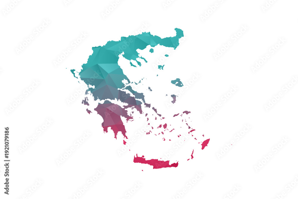 Naklejka premium Greece Map - Polygon Style Vector Illustration in Teal and Red Gradient, Low Poly Geometric Design, Isolated on White Background for Infographics and Education.
