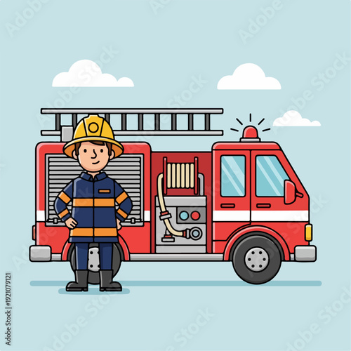 Vector illustration of a firefighter and his fire truck