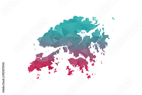 Hong Kong Map - Polygon Style Vector Illustration in Teal and Red Gradient, Low Poly Geometric Design, Isolated on White Background for Infographics and Education.
