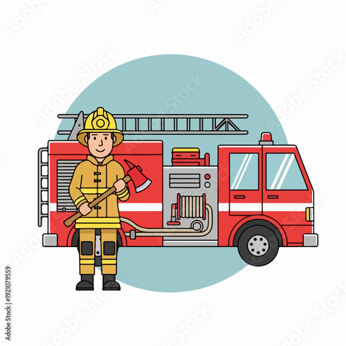 Vector illustration of a firefighter and his fire truck