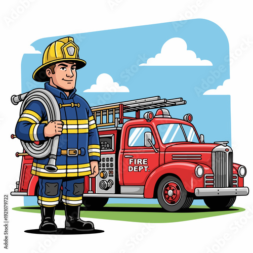 Vector illustration of a firefighter and his fire truck