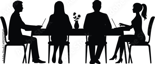 Black vector silhouette of business professionals sitting at a long office desk with laptops and flowers for corporate teamwork formal meeting and workspace branding