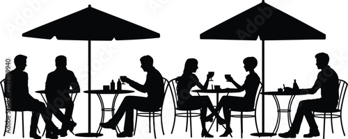 Black vector silhouette of people sitting at outdoor cafe tables with umbrellas enjoying drinks and conversation for restaurant bistro and social life branding