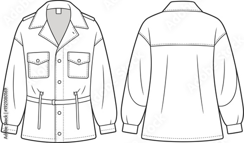 CAD drawing flat vector illustration of belted utility jacket with patch pockets, collar, long sleeves, technical front and back view