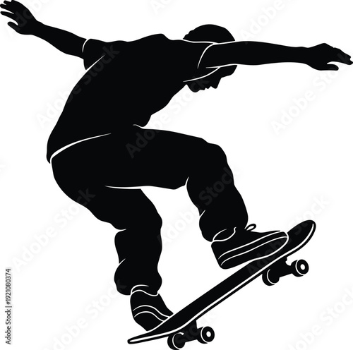 Black silhouette illustration of skateboarder performing trick in mid‑air, symbolizing skateboarding culture, athleticism, balance, dynamic motion, and extreme sports design for creative projects.