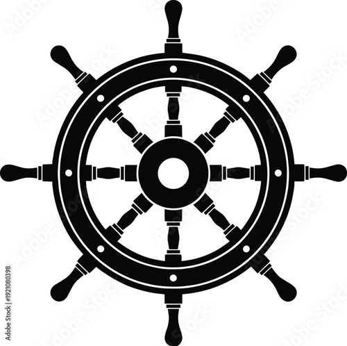 Black silhouette ship steering wheel vector illustration featuring nautical helm design with eight handles 