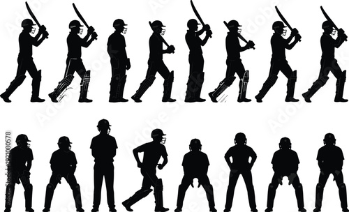 Cricket player silhouettes collection, batting stance action poses, professional sport vector illustration, isolated athletic design bundle set