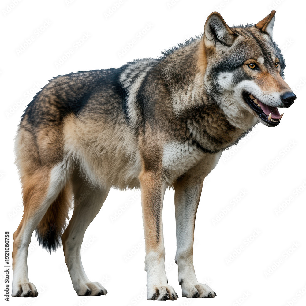 Fototapeta premium A gray wolf standing on a black background looking to the right