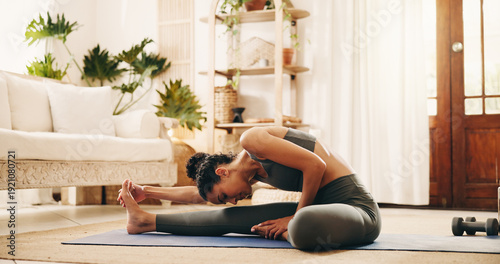 Photos Woman, stretching and legs for fitness at house with exercise, start training and wellness