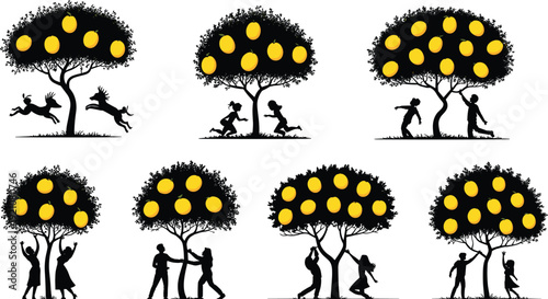 Children playing under fruit trees silhouettes, flat vector illustration, family orchard harvest joy nature lifestyle concept design