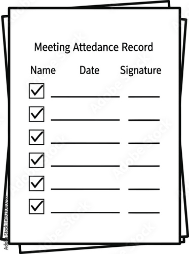 Hand drawn sketch of meeting attendance record sheet with checkboxes for sign in and participation tracking vector
