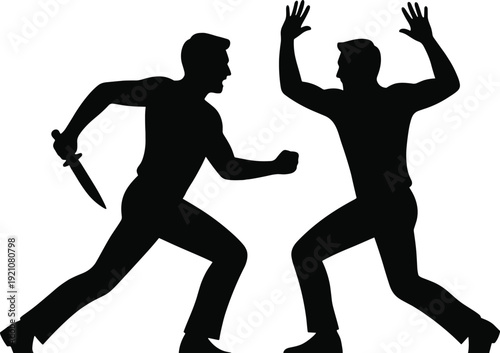 Crime attack silhouette, criminal threatening victim with knife, violence danger concept, security risk vector illustration isolated design