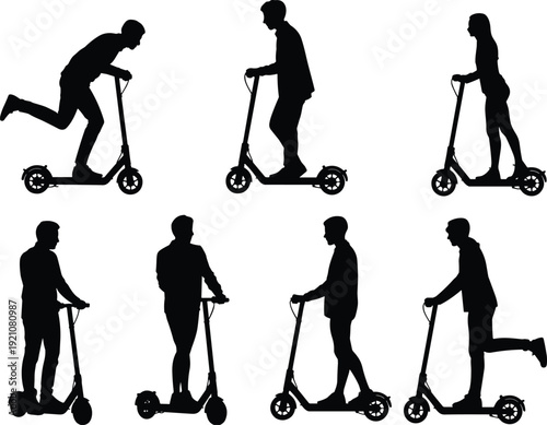Electric scooter silhouette collection, people riding kick scooter, urban mobility transport, isolated vector illustration, eco transportation concept set