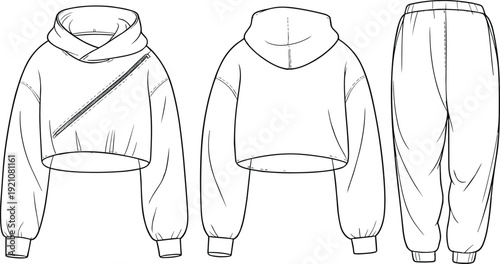 CAD drawing flat vector illustration of cropped hoodie with side zipper and jogger pants, fashion front and back technical sketch