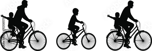 Father and child bicycle silhouette, family cycling activity, parenting lifestyle concept, isolated vector illustration, outdoor transport recreation design