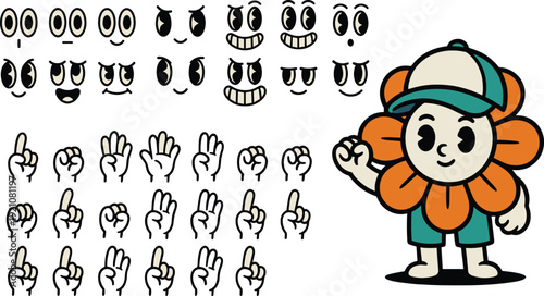 Cartoon flower-head character vector illustration featuring interchangeable facial expressions and hand gestures symbolizing emotions, communication, creativity, and animation design artwork