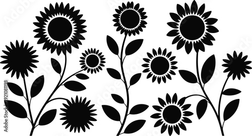 Sunflower silhouettes set flat vector illustration floral botanical nature garden summer decoration design elements icon branding web print