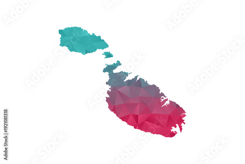 Malta Map - Polygon Style Vector Illustration in Teal and Red Gradient, Low Poly Geometric Design, Isolated on White Background for Infographics and Education.