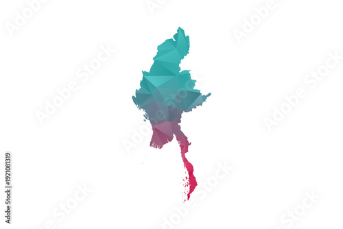 Myanmar Map - Polygon Style Vector Illustration in Teal and Red Gradient, Low Poly Geometric Design, Isolated on White Background for Infographics and Education.