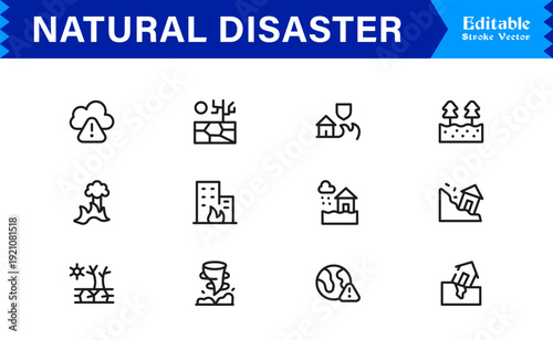 Natural Disaster Risk Management Professional Minimal Line Icon Collection Featuring Earthquake Flood Storm and Hazard Symbols
