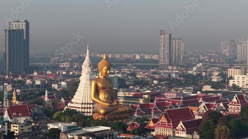 Big golden buddha statue riverside temple pagoda local village city background Bangkok Thailand