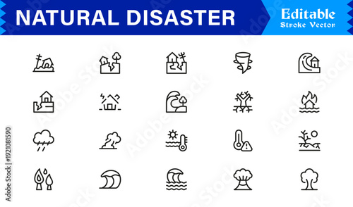 Natural Disaster Risk Management Professional Minimal Line Icon Collection Featuring Earthquake Flood Storm and Hazard Symbols