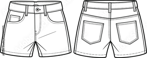 CAD drawing flat vector illustration of denim shorts front and back view with pockets, waistband, topstitch, fashion technical sketch