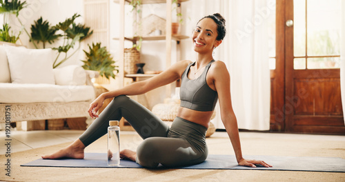 Canvastavla Portrait, smile and yoga with woman in living room of home for break, holistic wellness or hydration