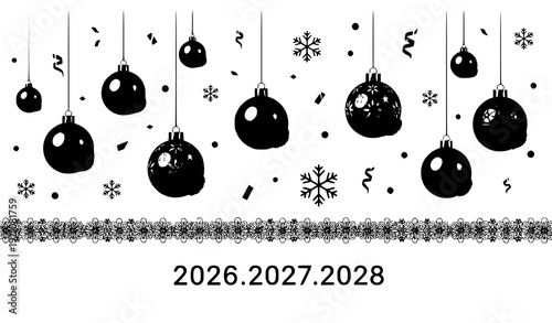 Luxury Christmas Vector Background with Gold Baubles Black Snowflakes and Decorative Lace Border