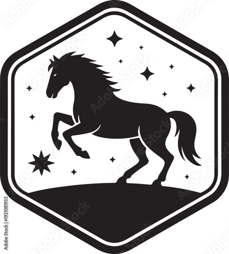 Black horse silhouette galloping in starry night emblem vector illustration