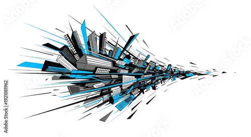 Abstract geometric cityscape illustration with dynamic lines on white background