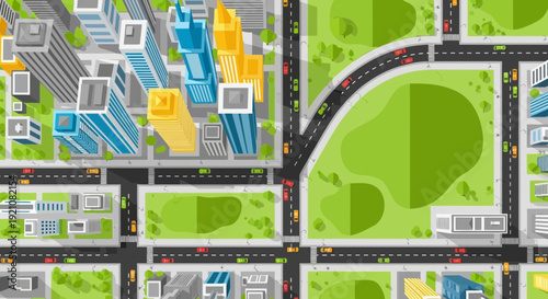 Aerial view of a vibrant cityscape with buildings roads and green spaces