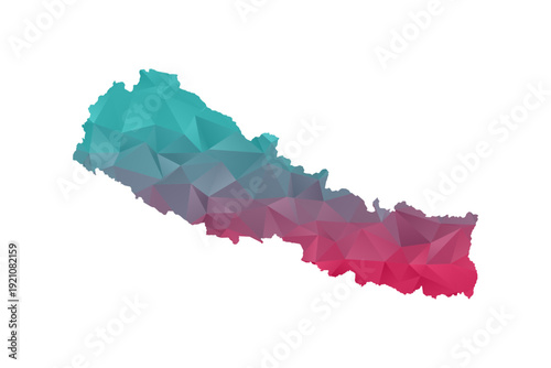 Nepal Map - Polygon Style Vector Illustration in Teal and Red Gradient, Low Poly Geometric Design, Isolated on White Background for Infographics and Education.