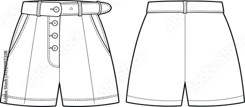 CAD drawing flat vector illustration of denim shorts front and back view with pockets, waistband, topstitch, fashion technical sketch