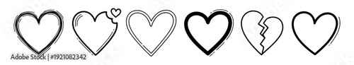 Heart icon set collection. Includes love, heartbreak, and affection symbols. Created in line style with black and white palette, isolated on transparent background