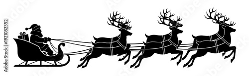 Santa Claus sleigh with reindeer vector illustration. Includes sleigh, reindeer, and Santa. Created in black silhouette style on white background