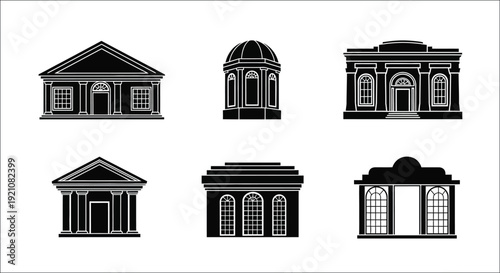 Black and white illustrations of classical building facades and architectural elements