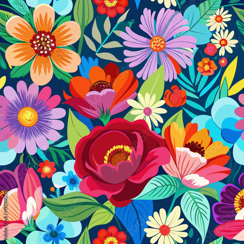 Vibrant floral pattern showcasing an array of colorful blooms and leaves in a lively design